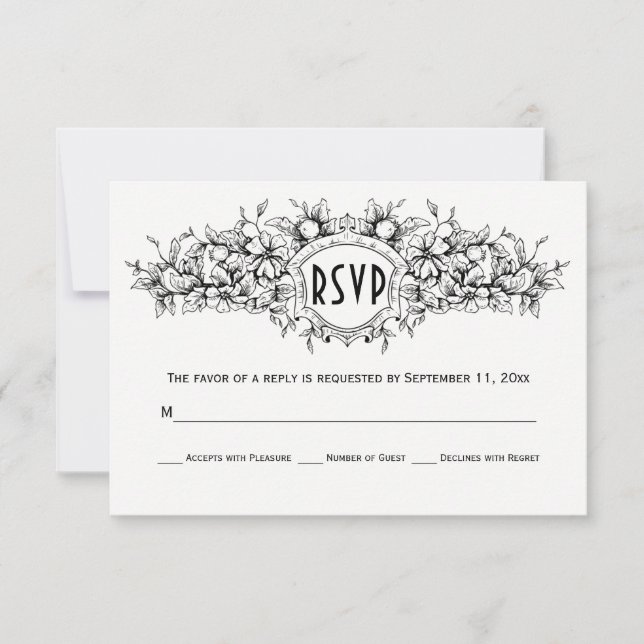 Black, white floral heraldic crest wedding RSVP Card (Front)