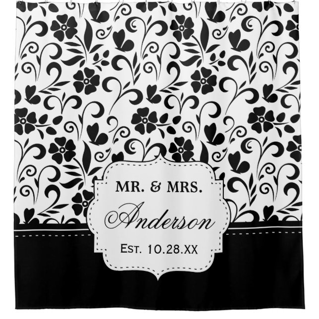 Black White Floral Just Married Wedding Date Shower Curtain (Front)