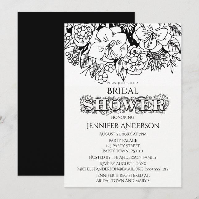 Black White Floral Lily Daisy Bridal Shower Invitation (Front/Back)