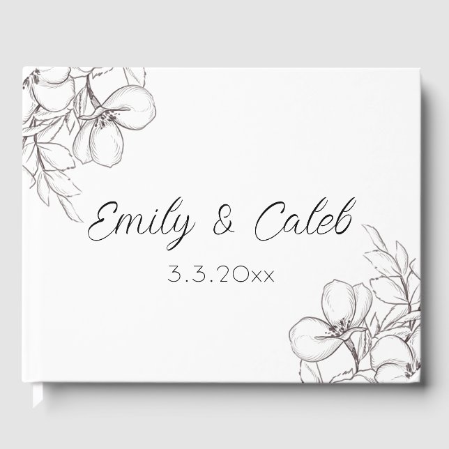 Black & White Floral Line Art Wedding Guest Book (Front)
