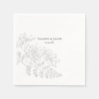 Black White Floral Line Drawing Wedding Napkins