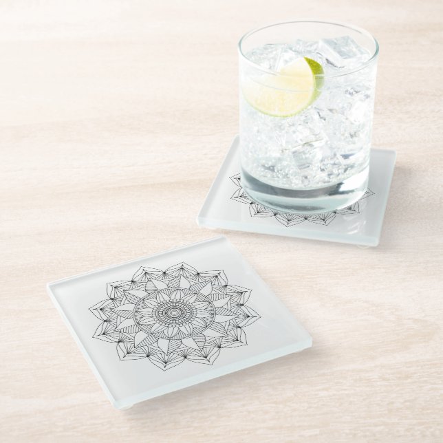 Black White Floral Mandala v1 Glass Coaster (Angled)