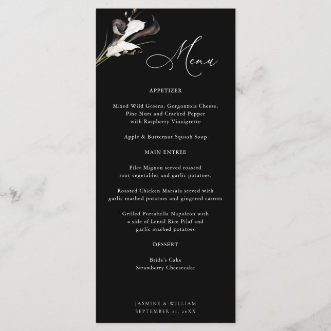 Black & White Floral Menu - Black (Front)