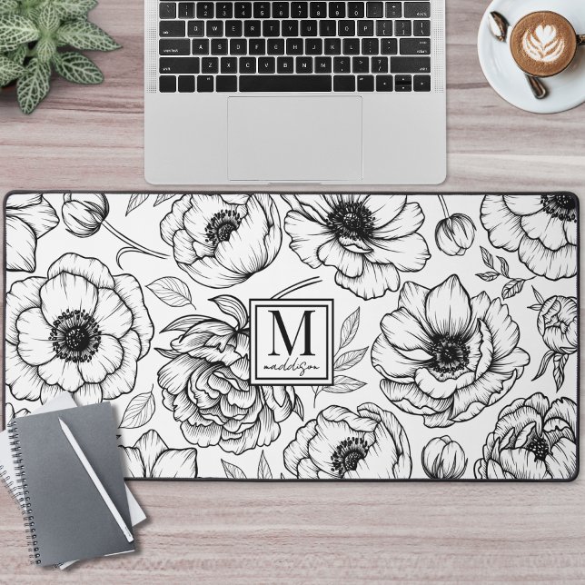 Black White Floral Monogram Desk Mat (Black White Floral Monogram Desk Mat )