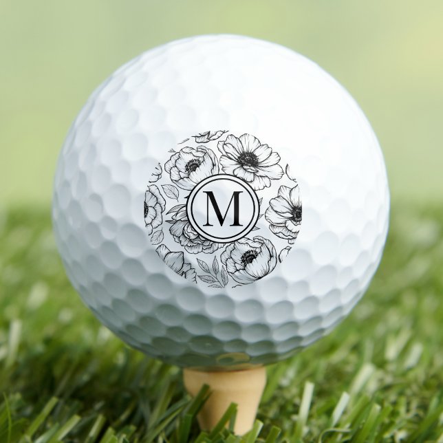 Black White Floral Monogram Golf Balls (Black White Floral Monogram Golf Balls)