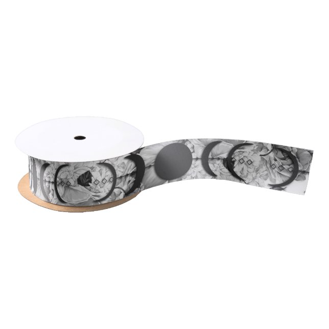 Black & White Floral Moon Phase Handfasting Satin Ribbon (Spool)