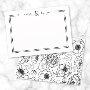 Black White Floral Name Monogram Card