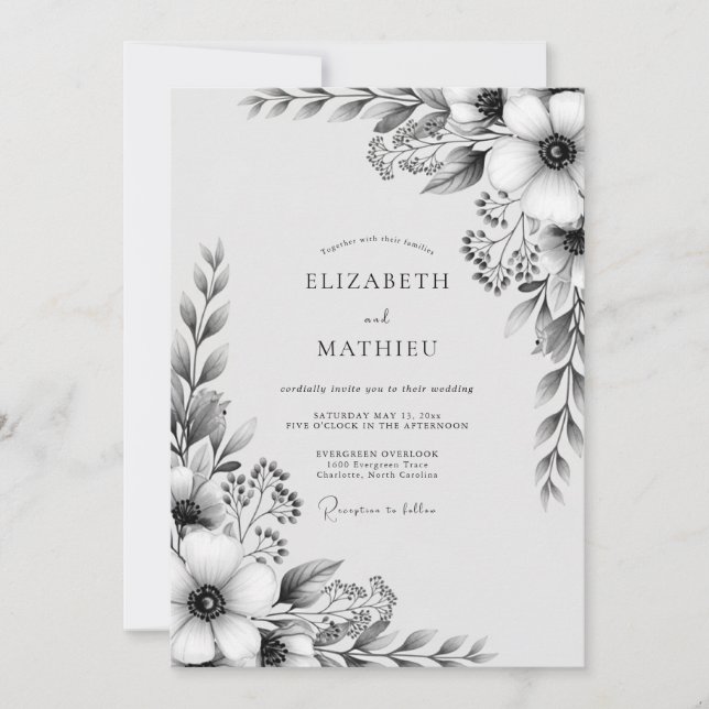 Black White Floral Nature Wedding Invitation (Front)