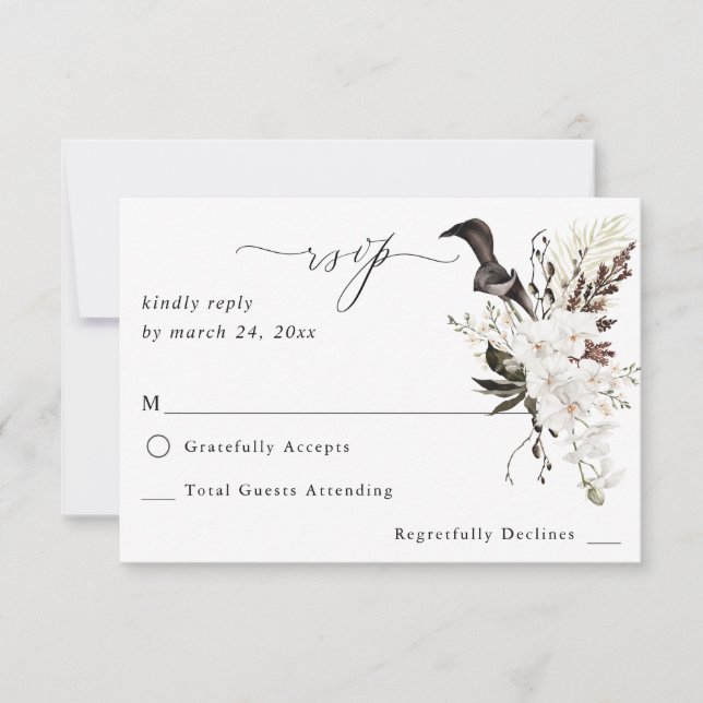 Black & White Floral no Meal RSVP Card (Front)
