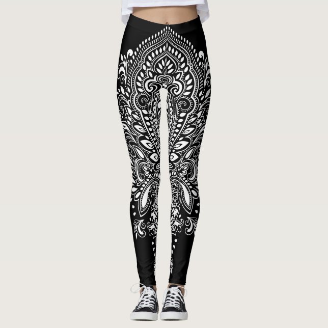 Black & White Floral Ornament Leggings (Front)