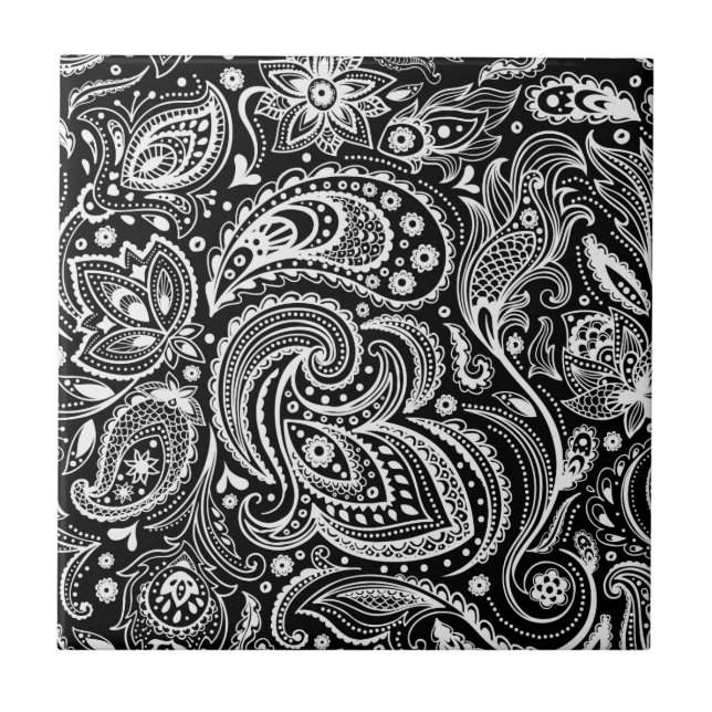 Black & White Floral  Paisley Pattern Tile (Front)