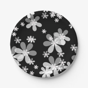black white floral paper plate