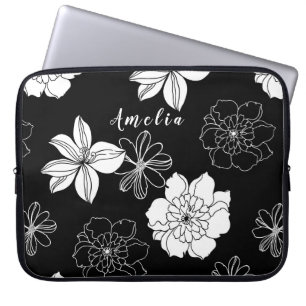 Black & White Floral Pattern Monogram Laptop Sleeve