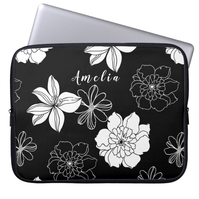 Black & White Floral Pattern Monogram Laptop Sleeve (Front)