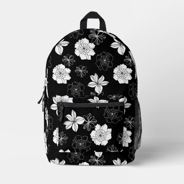 Black & White Floral Pattern Printed Backpack (Front)