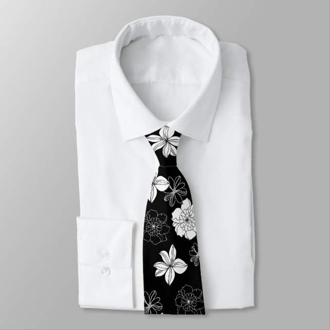 Black & White Floral Pattern Tie (Tied)