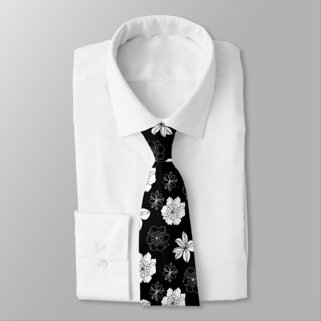 Black & White Floral Pattern Tie (Tied)