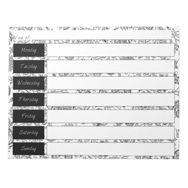Black & White Floral Pattern Weekly Planner Pad (Front)