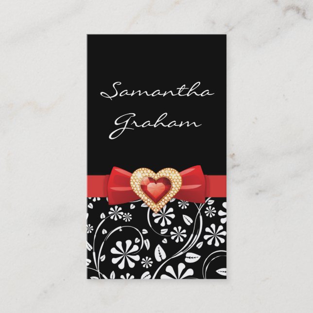 Black white floral pattern with red bow and jewel business card (Front)