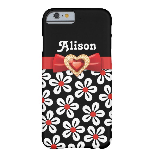 Black white floral pattern with red bow and jewel Case-Mate iPhone case (Back)