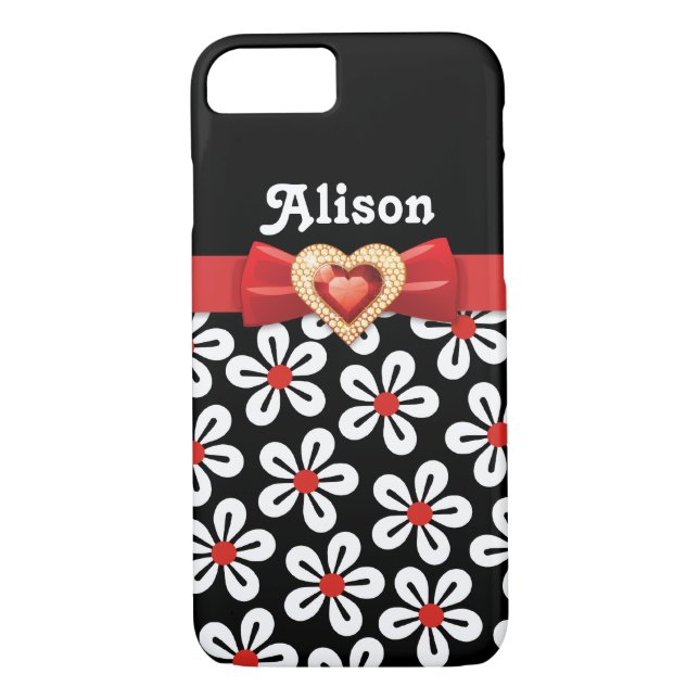 Black white floral pattern with red bow and jewel Case-Mate iPhone case (Back)