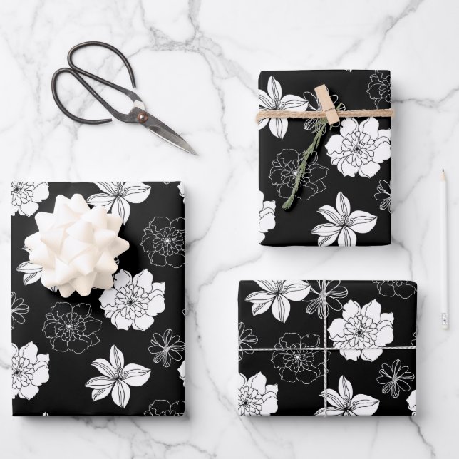 Black & White Floral Pattern Wrapping Paper Sheet (Front)