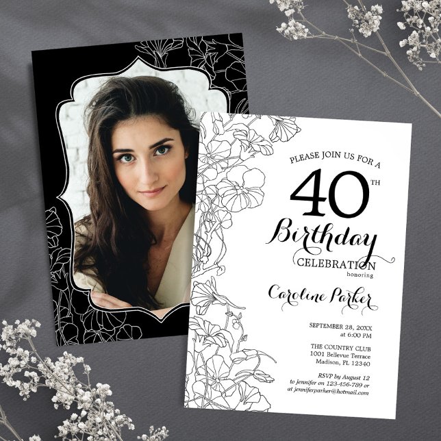 Black White Floral Photo 40th Birthday Party Invitation (Creator Uploaded)