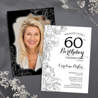 Black White Floral Photo 60th Birthday Party