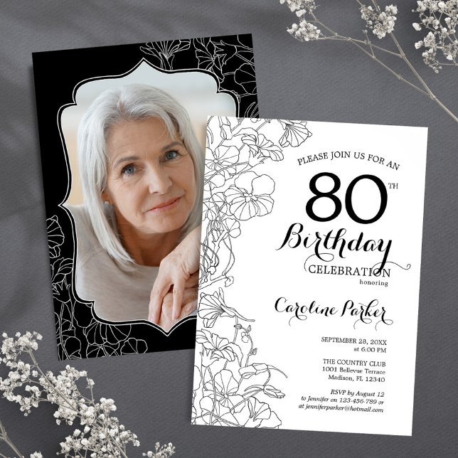 Black White Floral Photo 80th Birthday Party Invitation (Creator Uploaded)