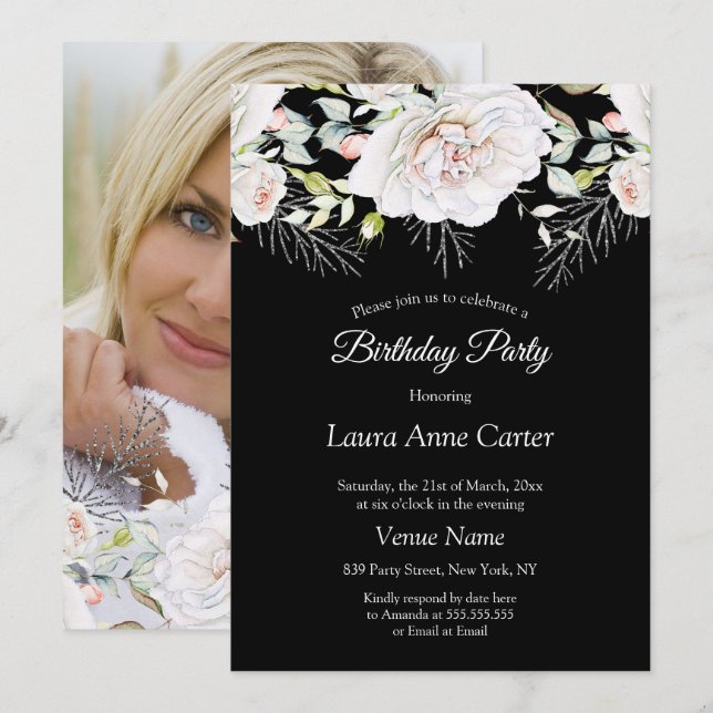 Black White Floral Photo Birthday Party Invitation (Front/Back)