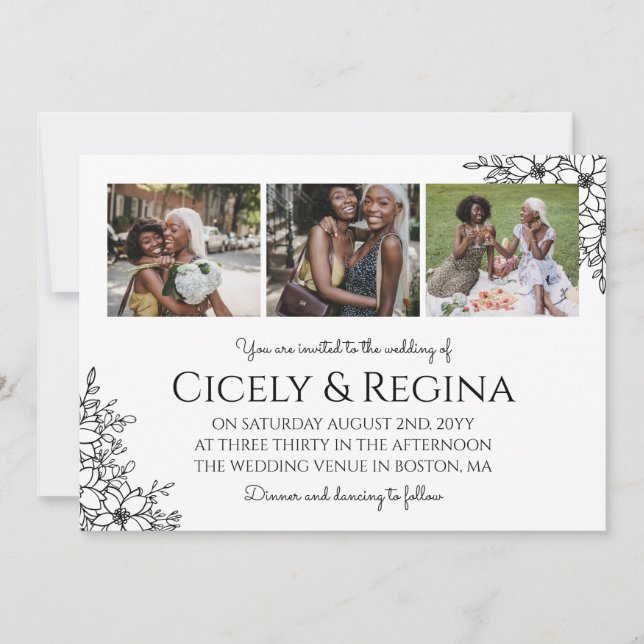 Black White Floral Photo Collage Wedding Invitation (Front)