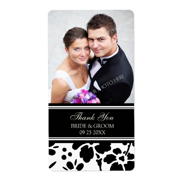 Black White Floral Photo Wedding Labels (Front)