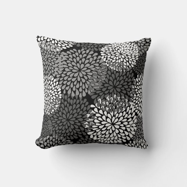 Black & White Floral Pillow - Chrysanthemum (Front)