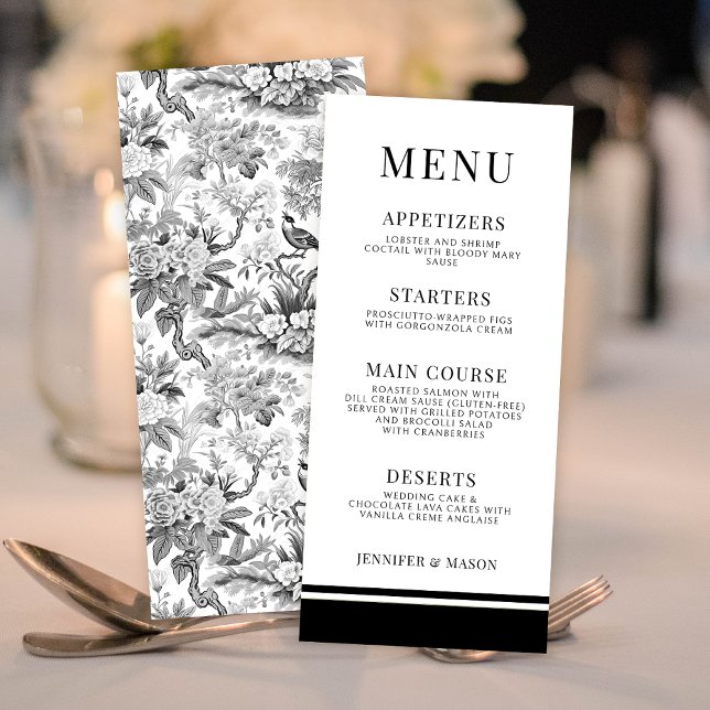 Black white floral porcelain wedding menu cards (Creator Uploaded)