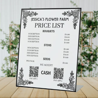 Black & White Floral Qr Code Business Price List Pedestal Sign