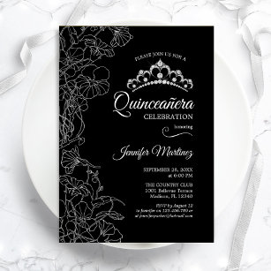 Black White Floral Quinceanera Party Invitation
