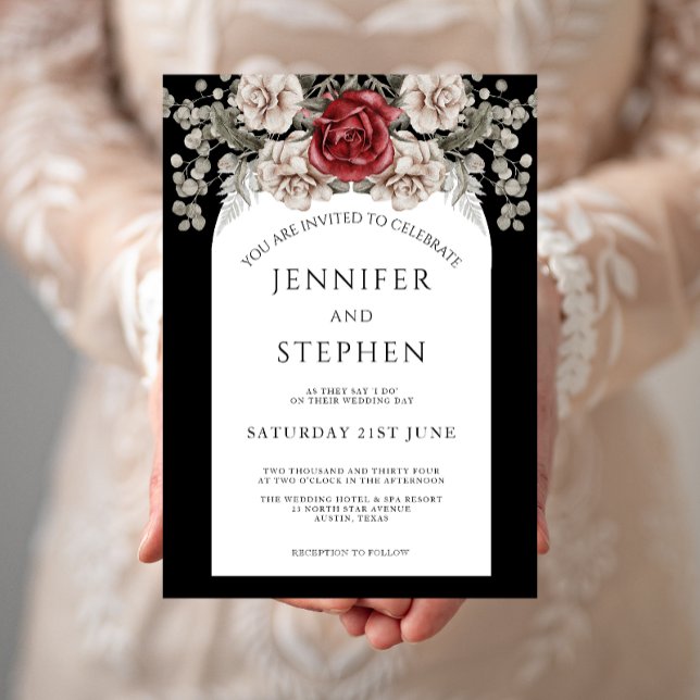 Black White Floral Rose Eucalyptus Wedding Invitation (Creator Uploaded)