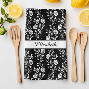 Black & White Floral Rose Pattern Name Print Tea Towel