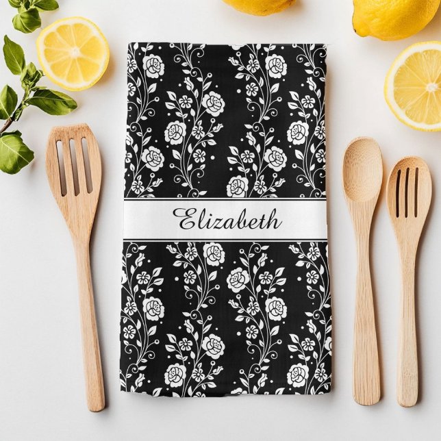 Black & White Floral Rose Pattern Name Print Tea Towel (Black & White Floral Rose Pattern Name Print Kitchen Towel)