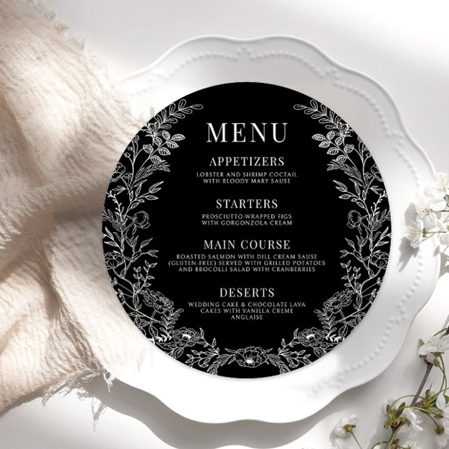 Black white floral round wedding Menu Card Plate (Creator Uploaded)