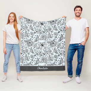 Black & white floral seamless pattern with name fleece blanket