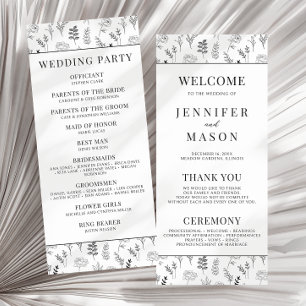 Black white floral simple wedding program card