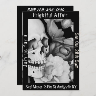 Black & White Floral Skull Halloween Invitation