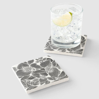 Black White floral Stone Coaster