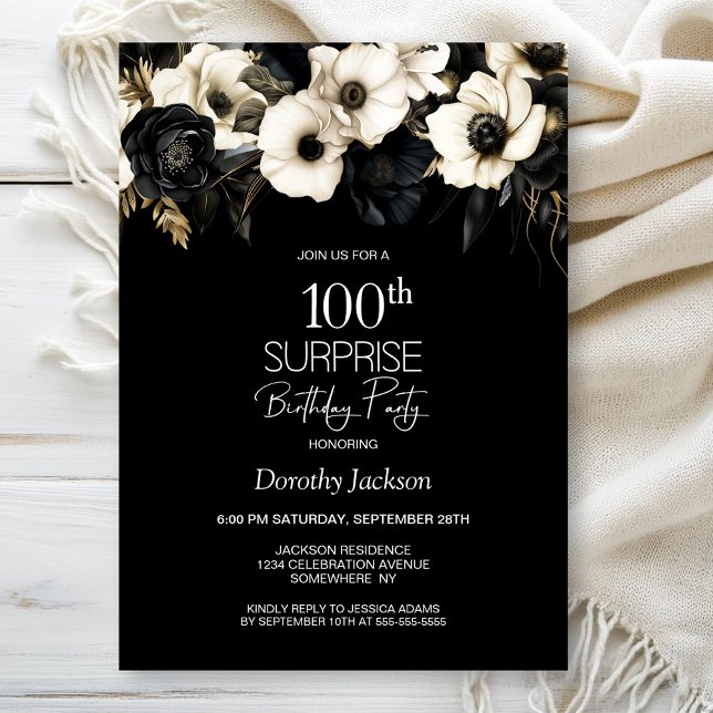 Black White Floral Surprise 100th Birthday Party Invitation (Creator Uploaded)