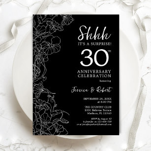 Black White Floral Surprise 30th Anniversary Invitation