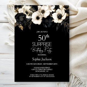 Black White Floral Surprise 50th Birthday Party Invitation