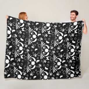 Black White Floral Swirl Butterfly Pattern Fleece Blanket