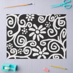Black White Floral Swirls Flowers Decoupage Tissue Paper