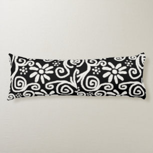 Black White Floral & Swirls Flowers Flower Pattern Body Cushion